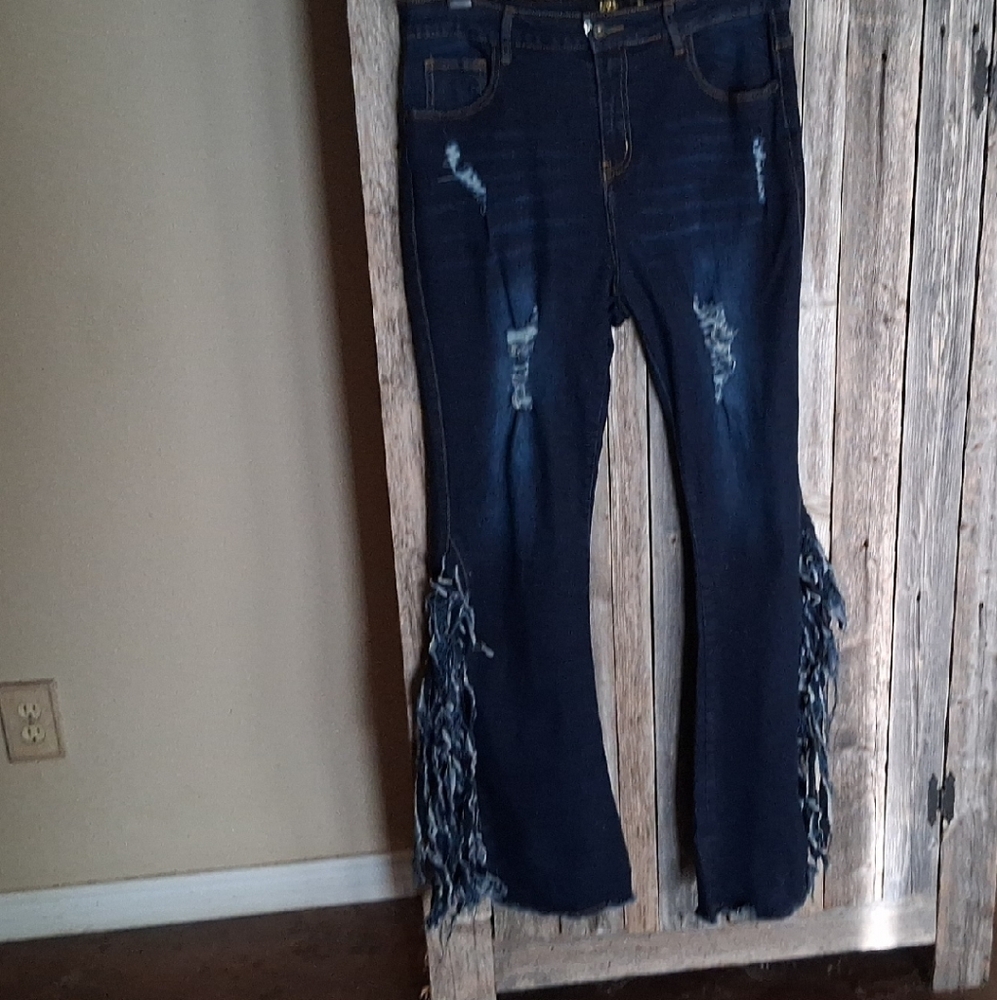 Navy Flare Jeans with Fringe Accents